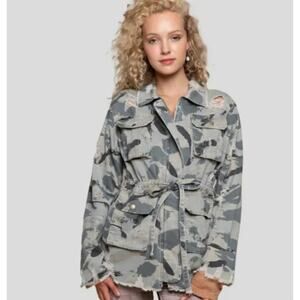 Pol Distressed Green Camo Cotton Utility Jacket Shacket Zipper Size S